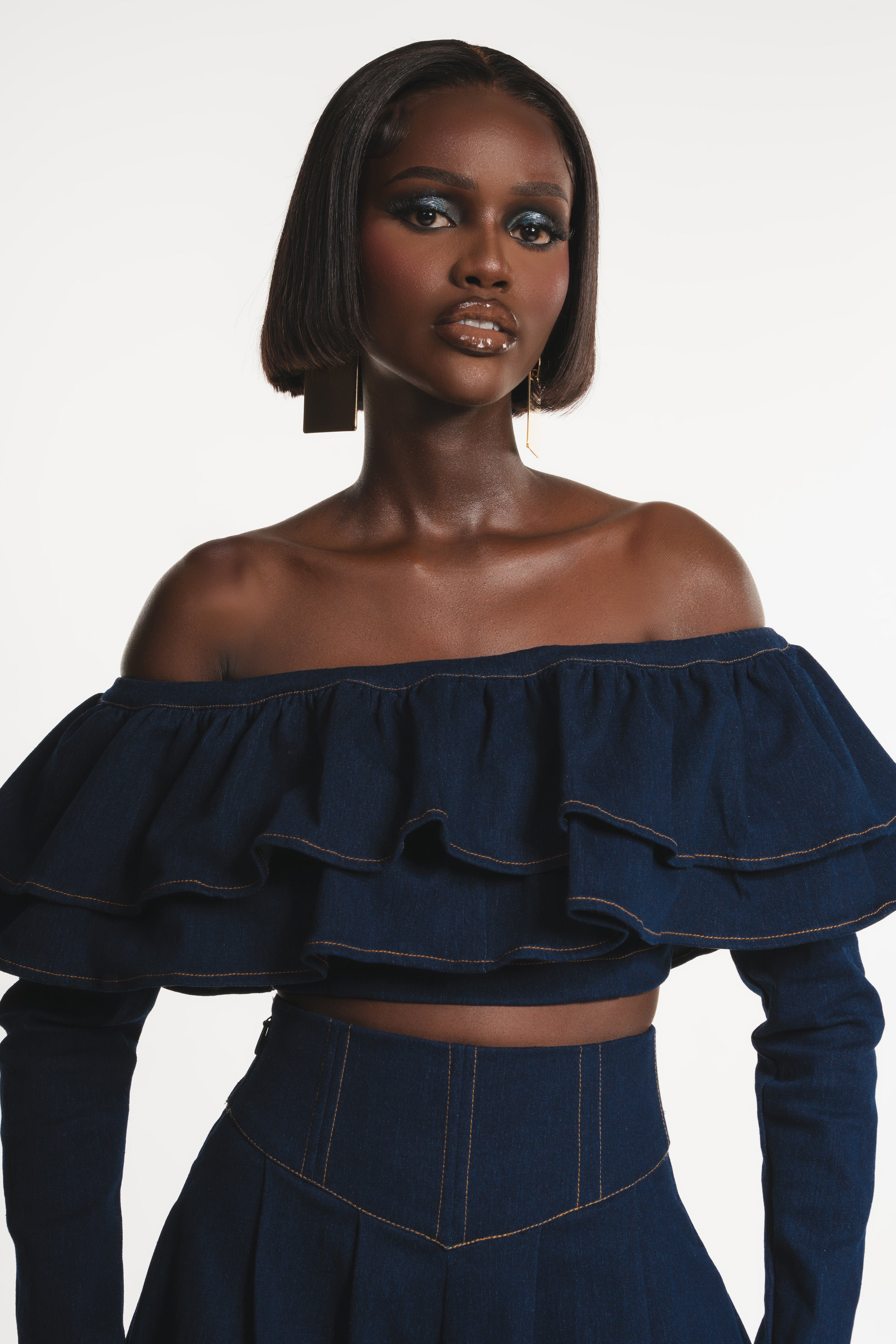 denim ruffle crop top