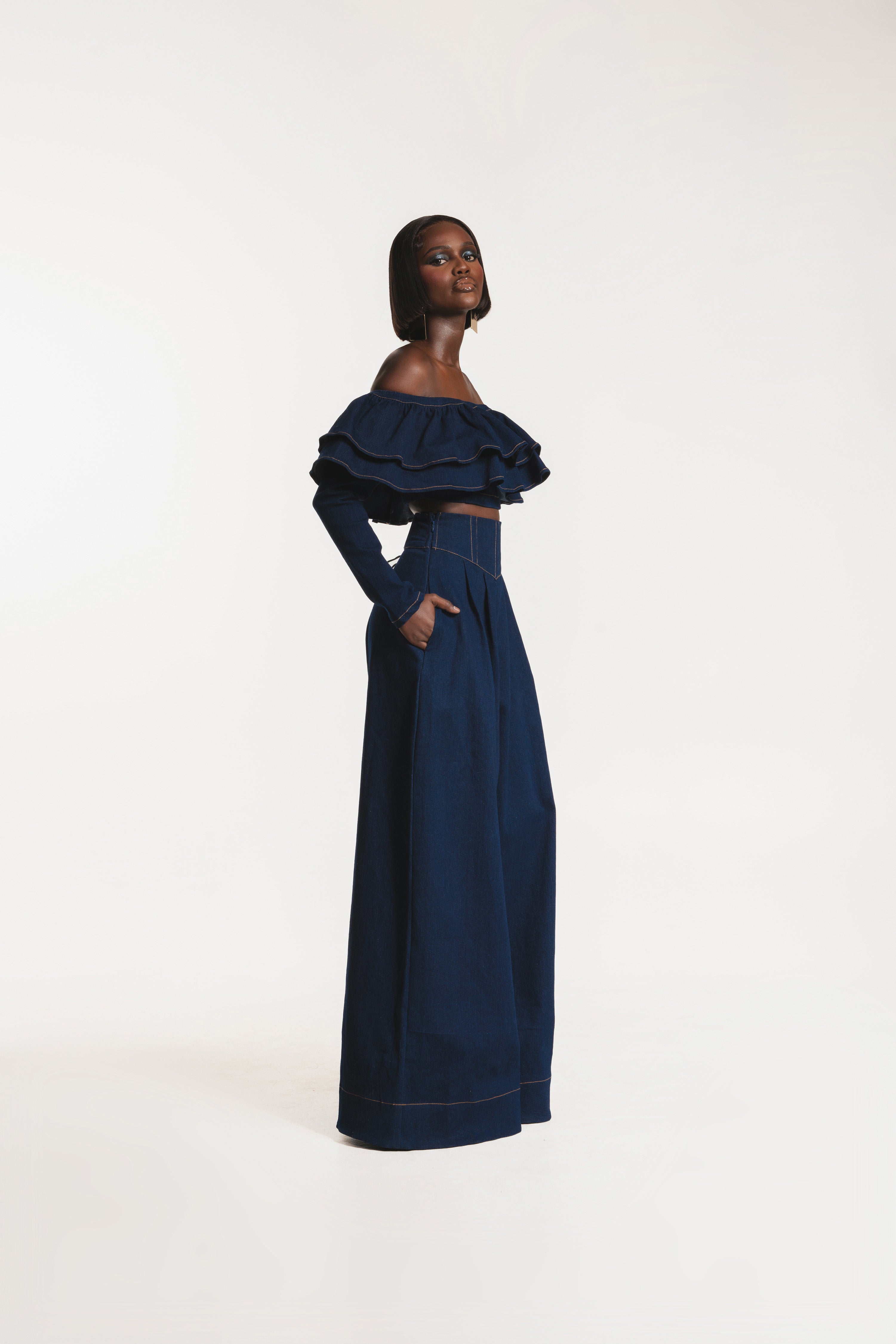 Denim DIJA Ruffle Crop Top – OFUURE