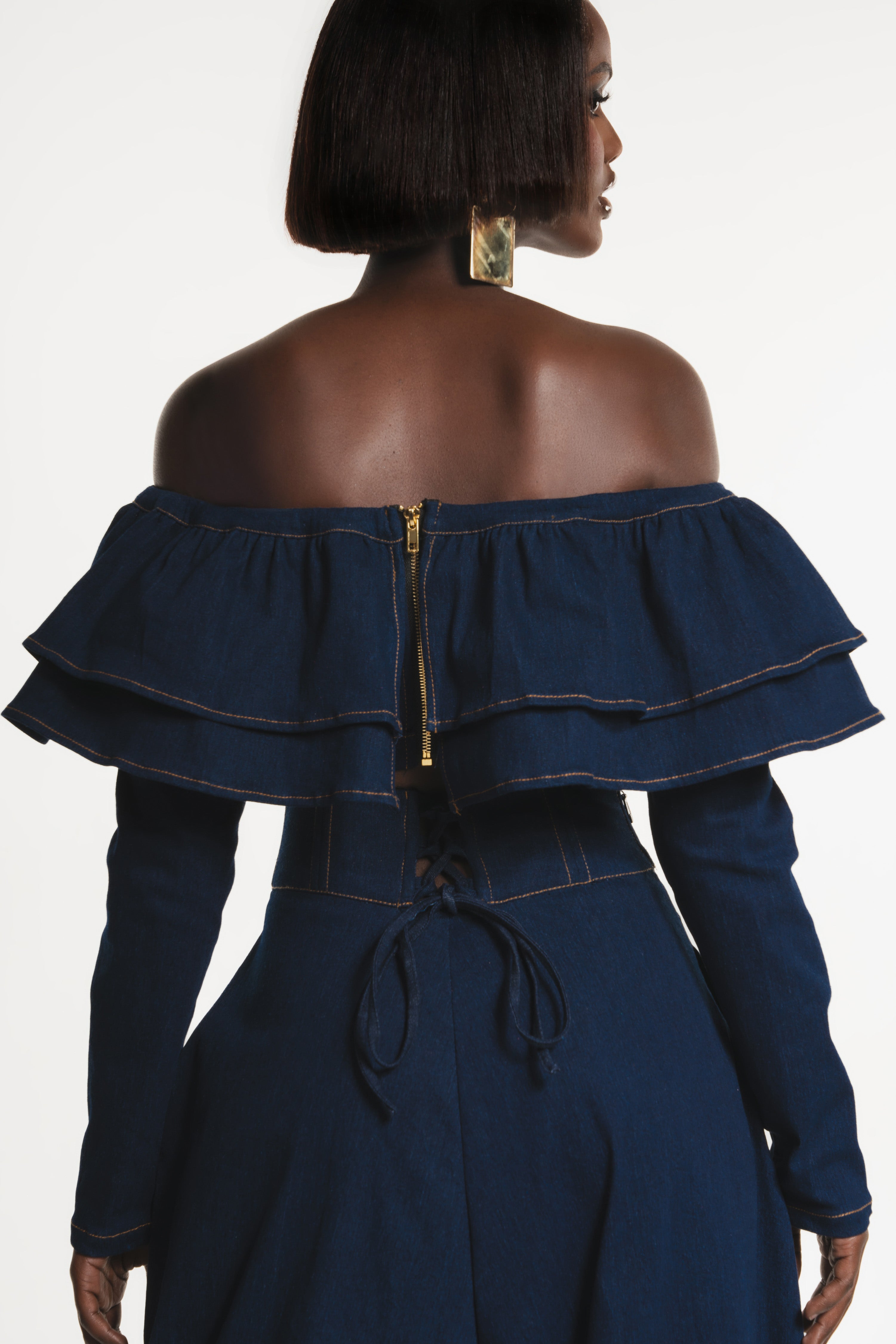 denim ruffle crop top