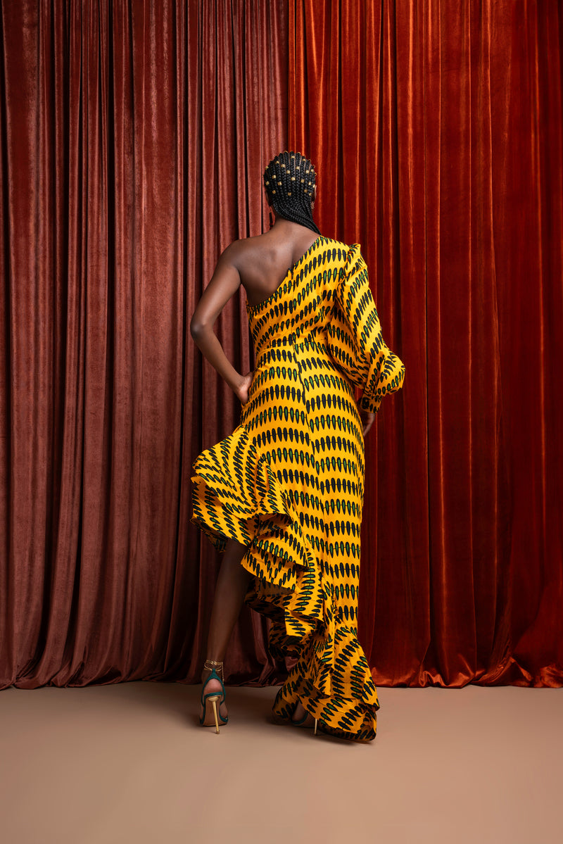 IFE One-sleeve Ruffle African Print Hi-low Dress