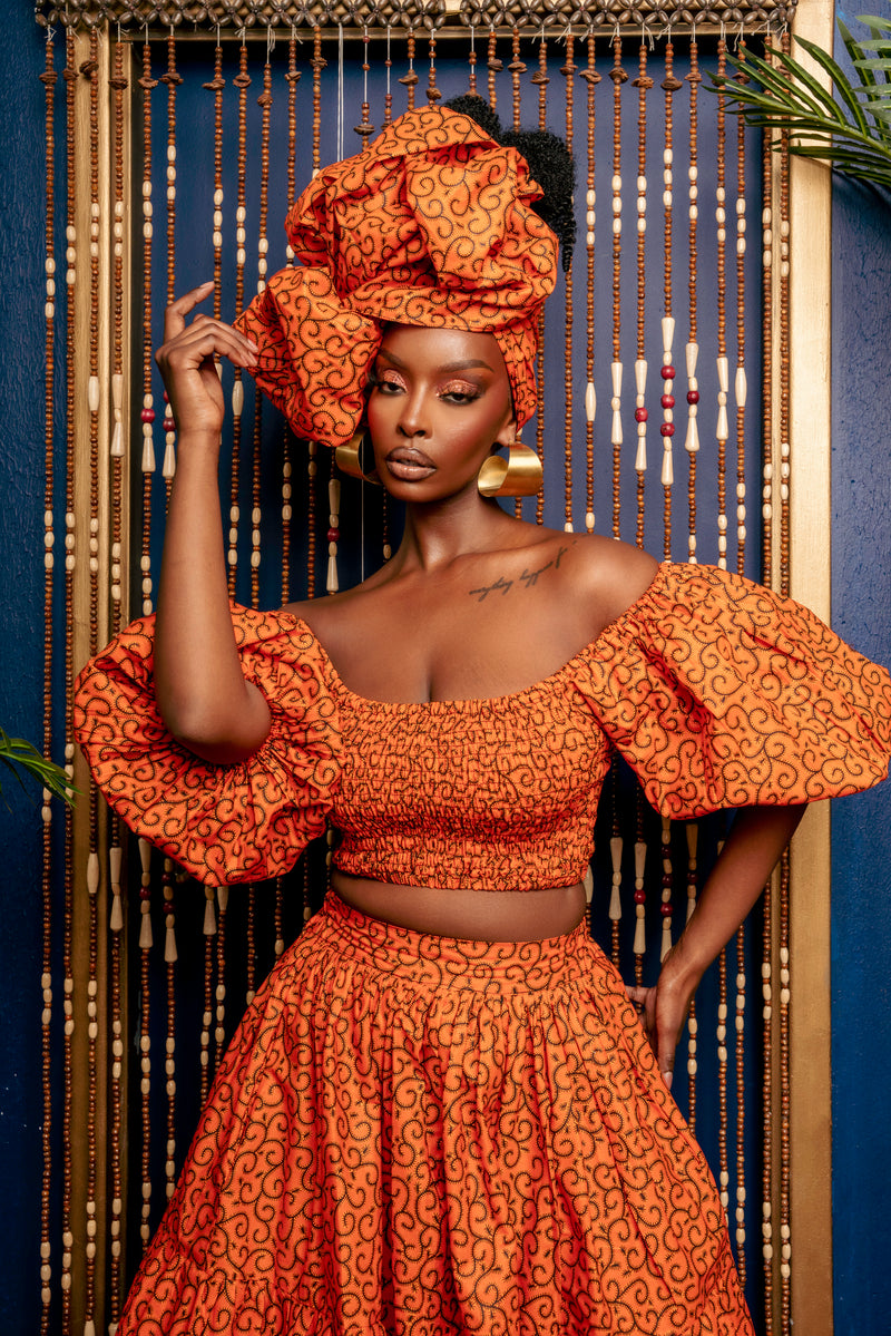 OBI Smocked Puffy Sleeve African Print Crop Top