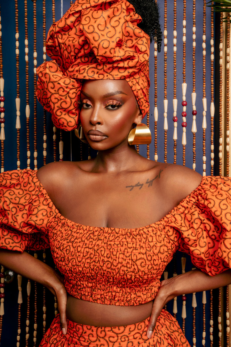 OBI Smocked Puffy Sleeve African Print Crop Top