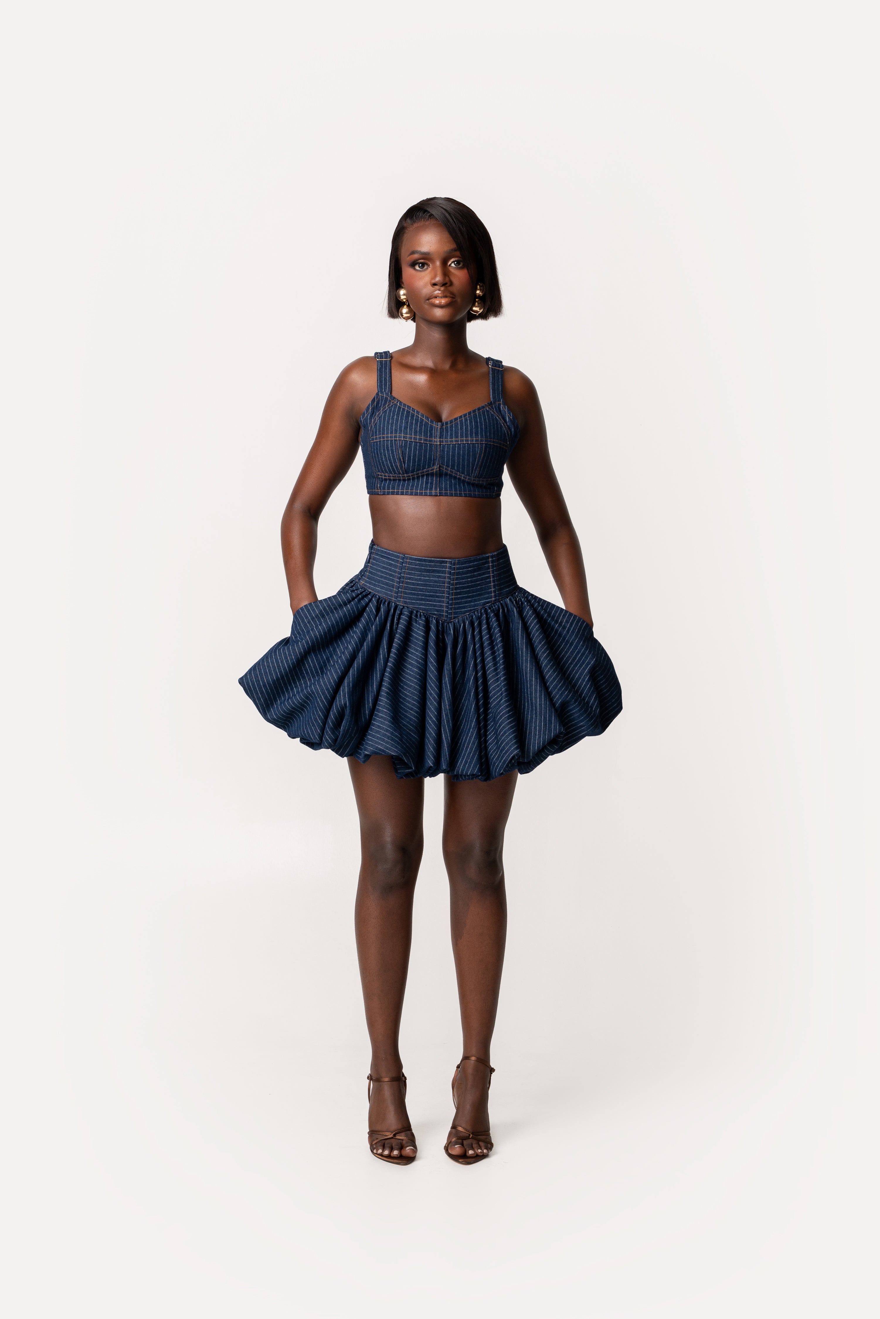 【RE;CIRCLE】 RE Liner Hatome Mini Skirt Denim Pinstripe RUMI Bubble Mini Skirt – OFUURE