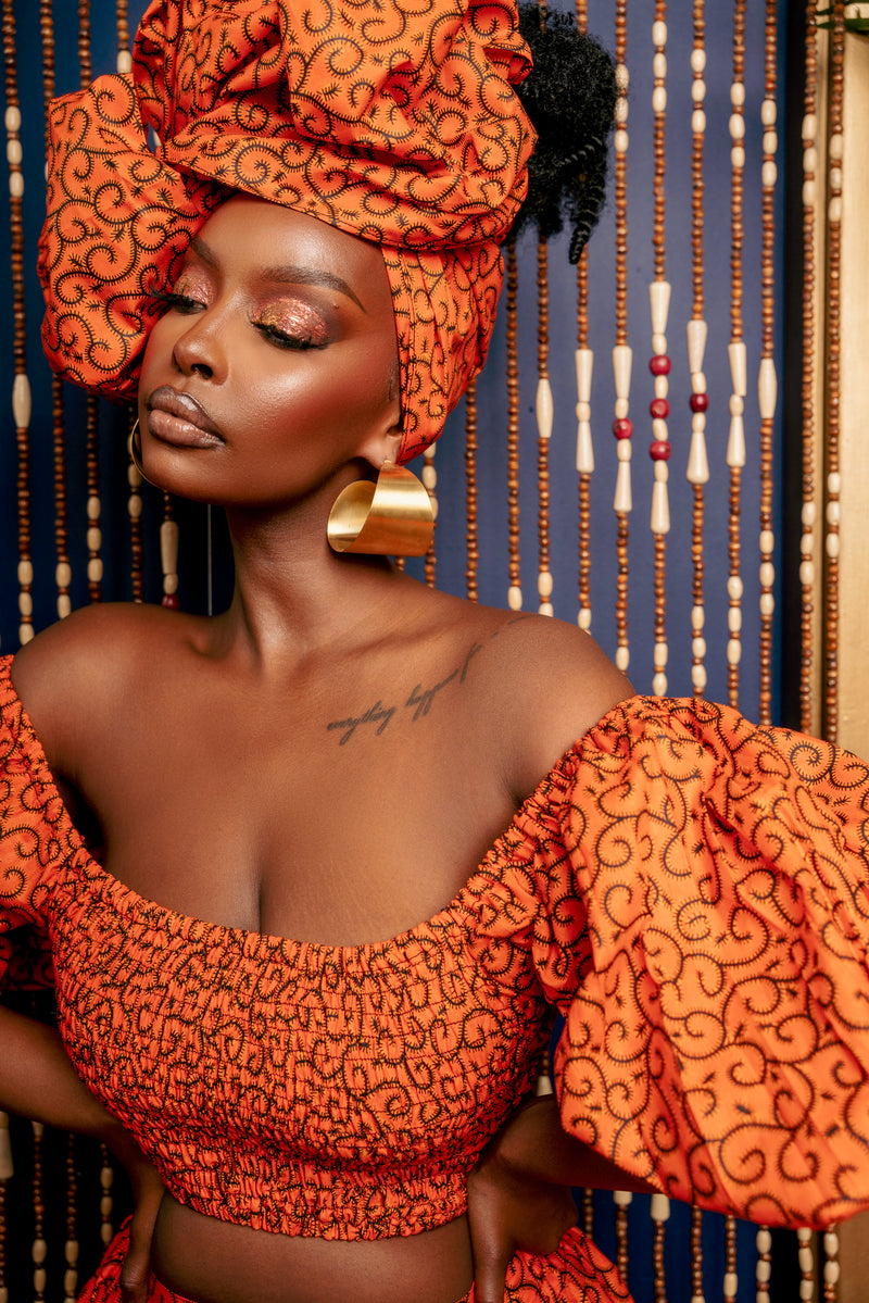 OBI Smocked Puffy Sleeve African Print Crop Top