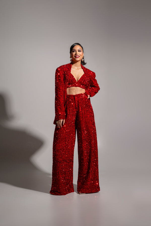 LIZA Sequin Pant Set in RUBY