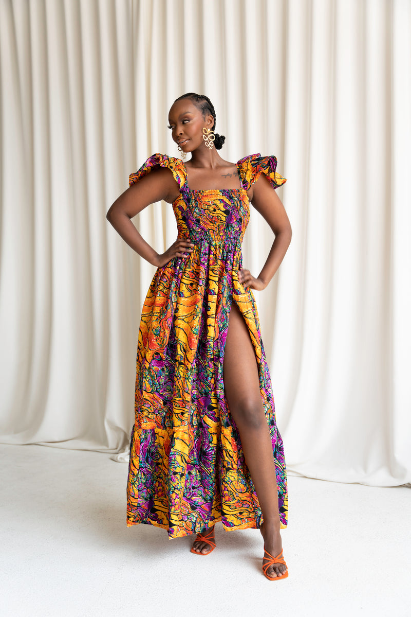 LISA Smocked Ruffle Sleeve African print maxi dress