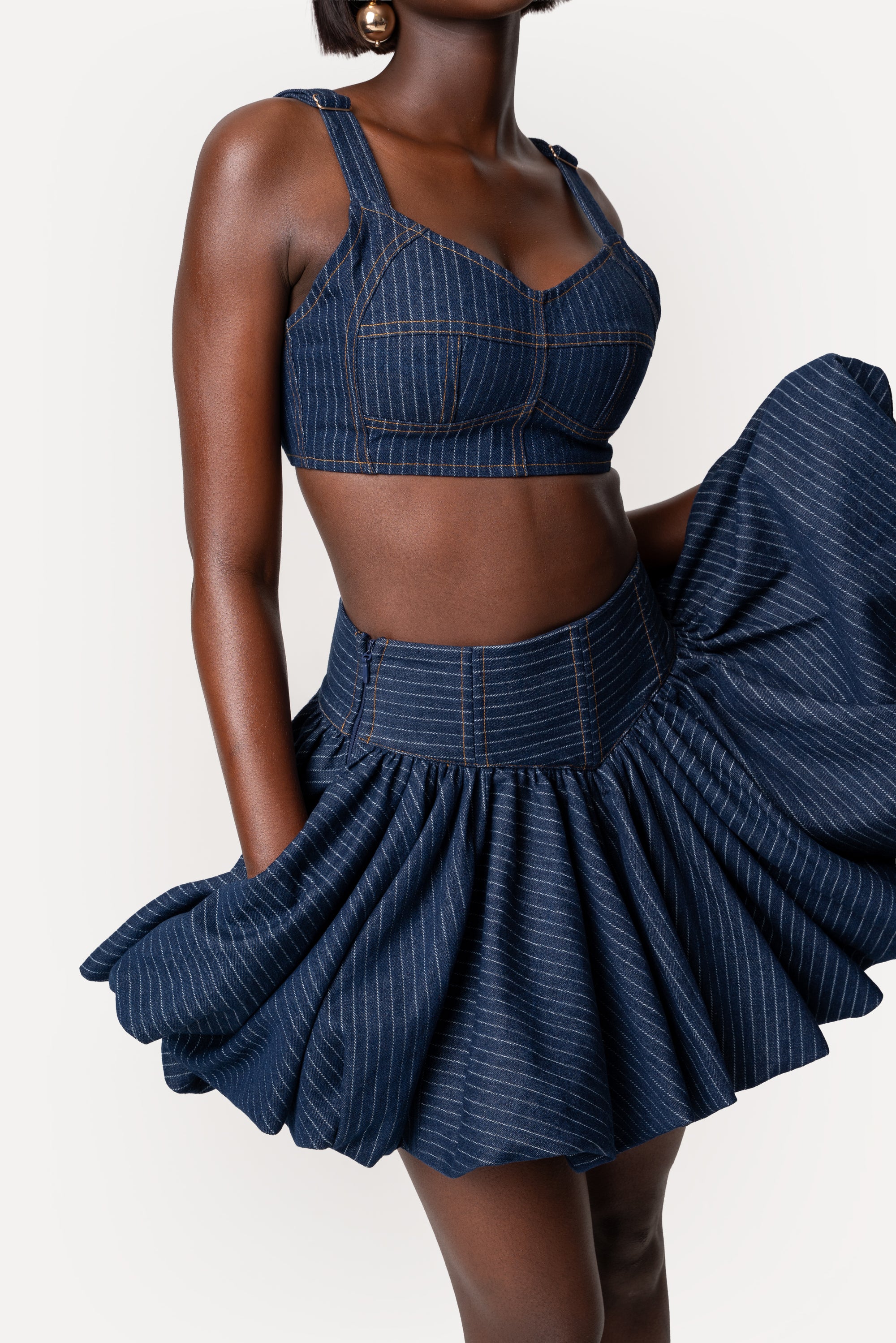 Denim Pinstripe RUMI Bubble Mini Skirt