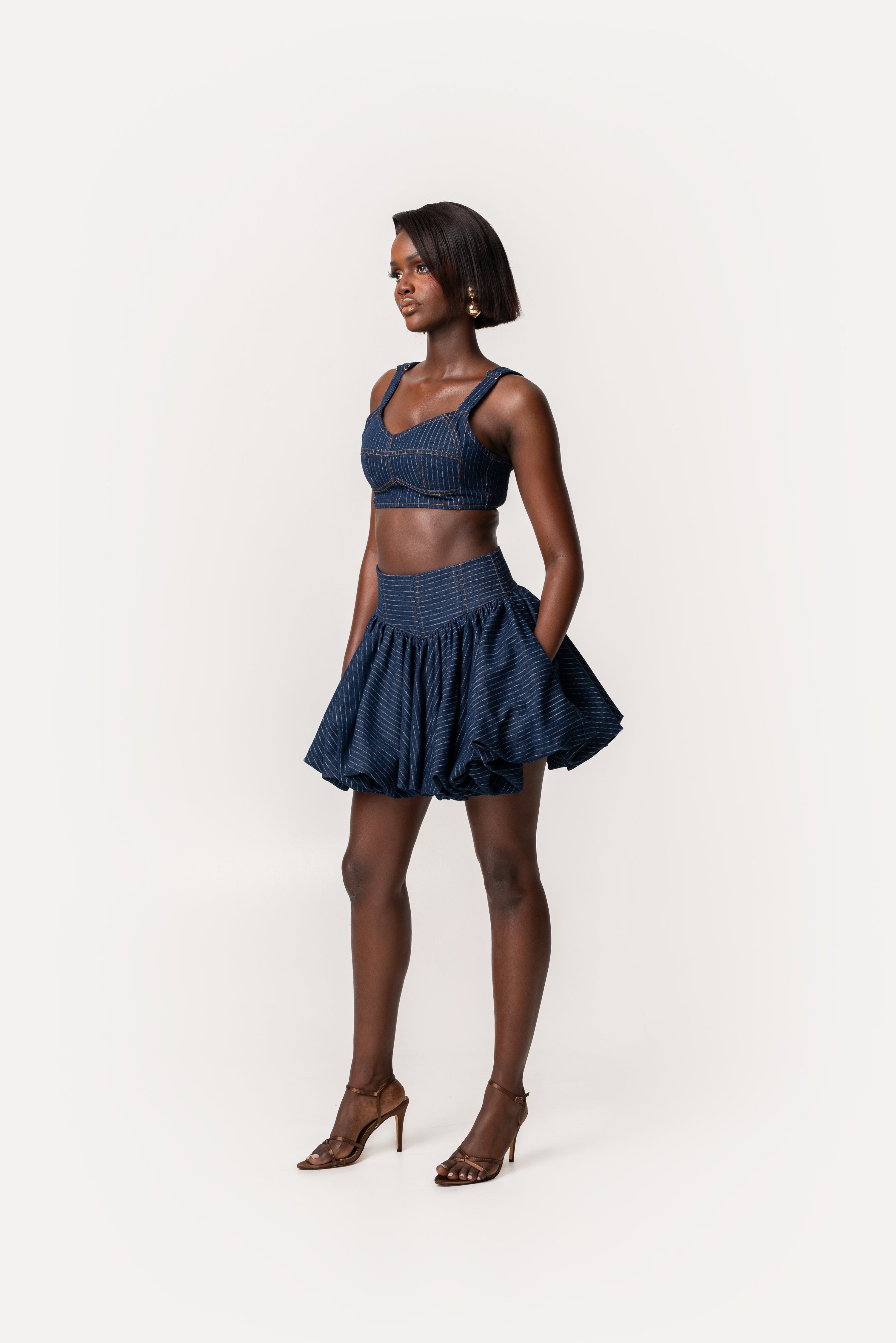 Denim Pinstripe RUMI Bubble Mini Skirt – OFUURE