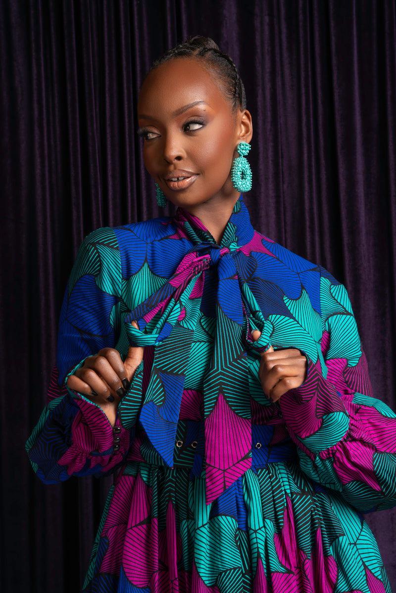 ZURI African Print Midi Dress (pussybow)