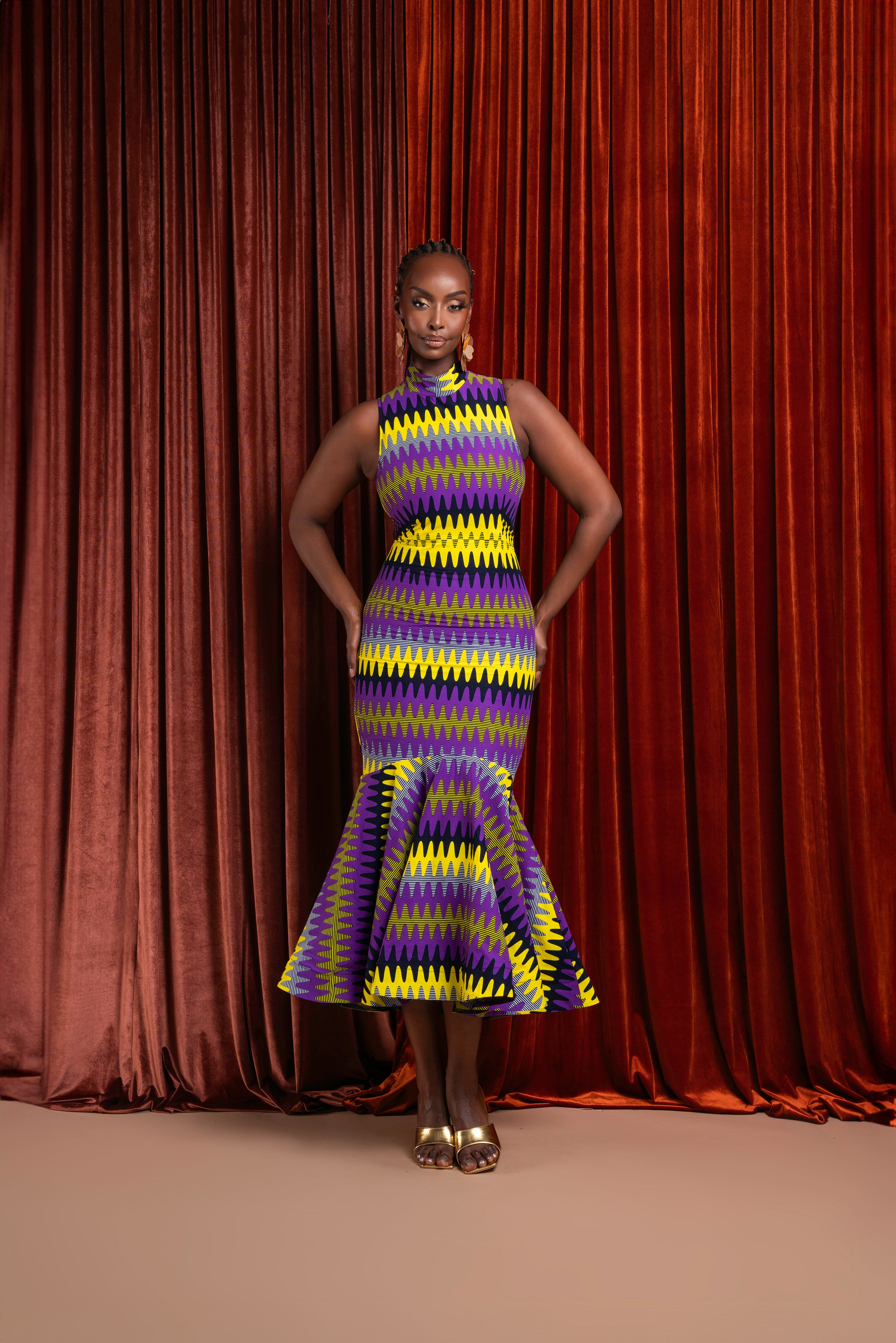 FEMI African Print Maxi Mock Neck Peplum Dress