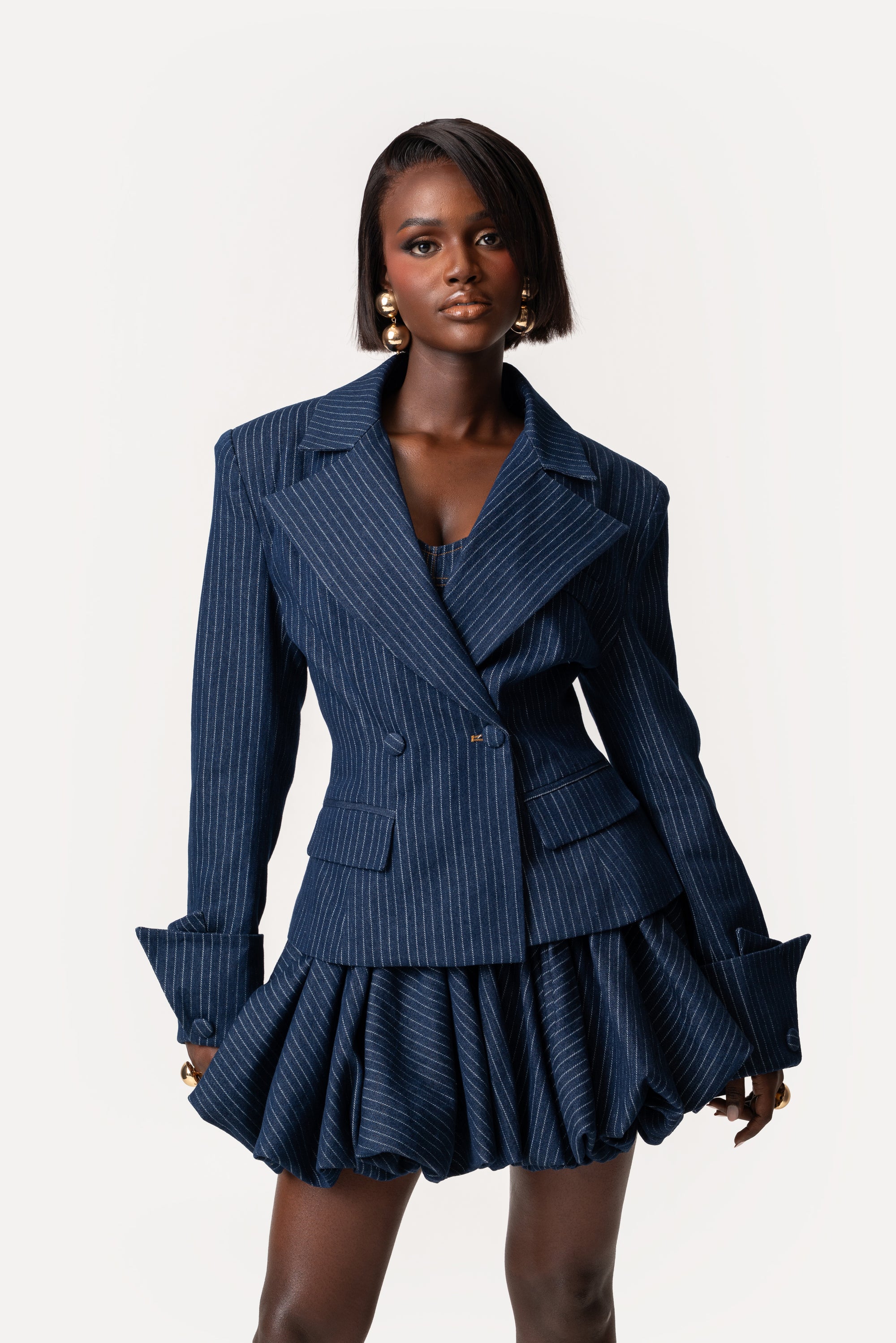 Denim Pinstripe RUMI Bubble Mini Skirt