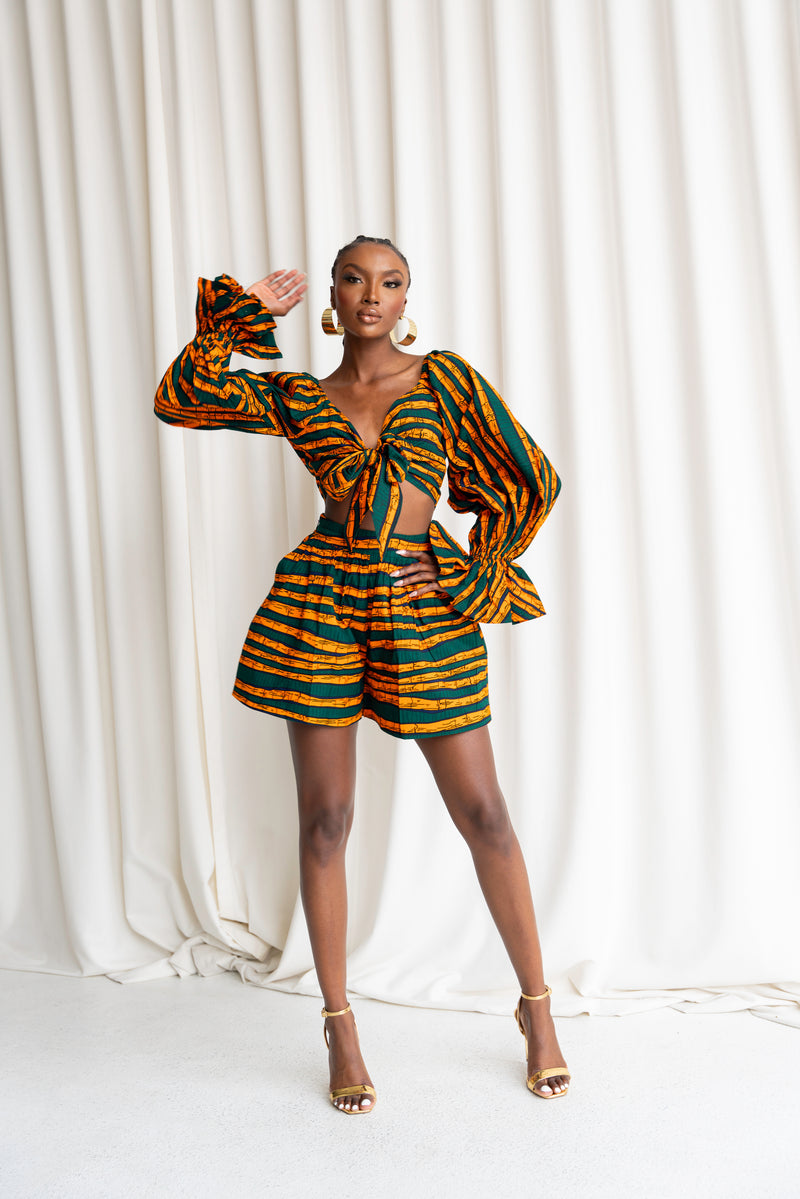 DITA African Print Long Sleeve Crop Top