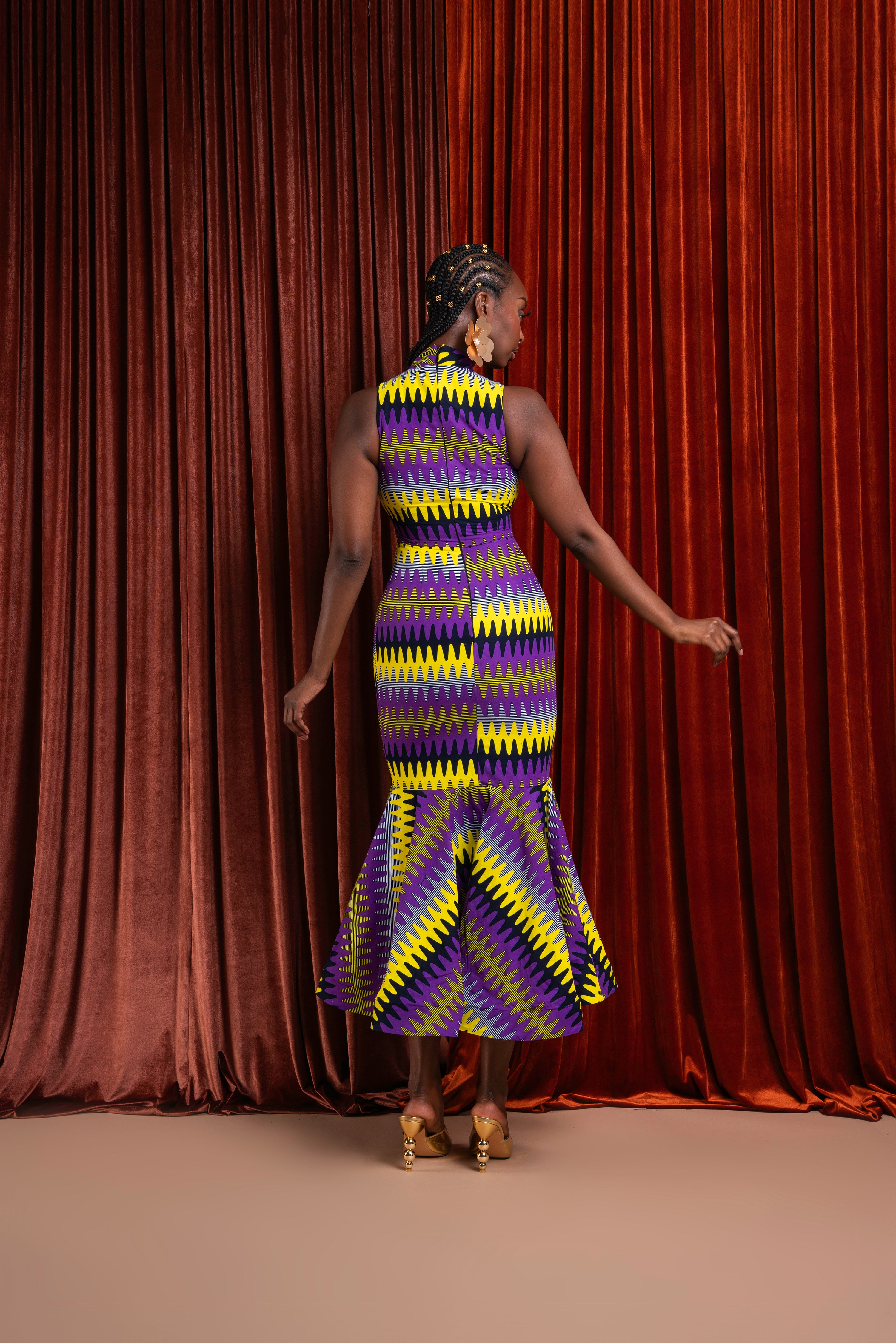 FEMI African Print Maxi Mock Neck Peplum Dress