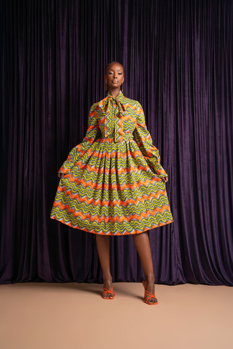 TANI African Print Midi Dress (pussybow)
