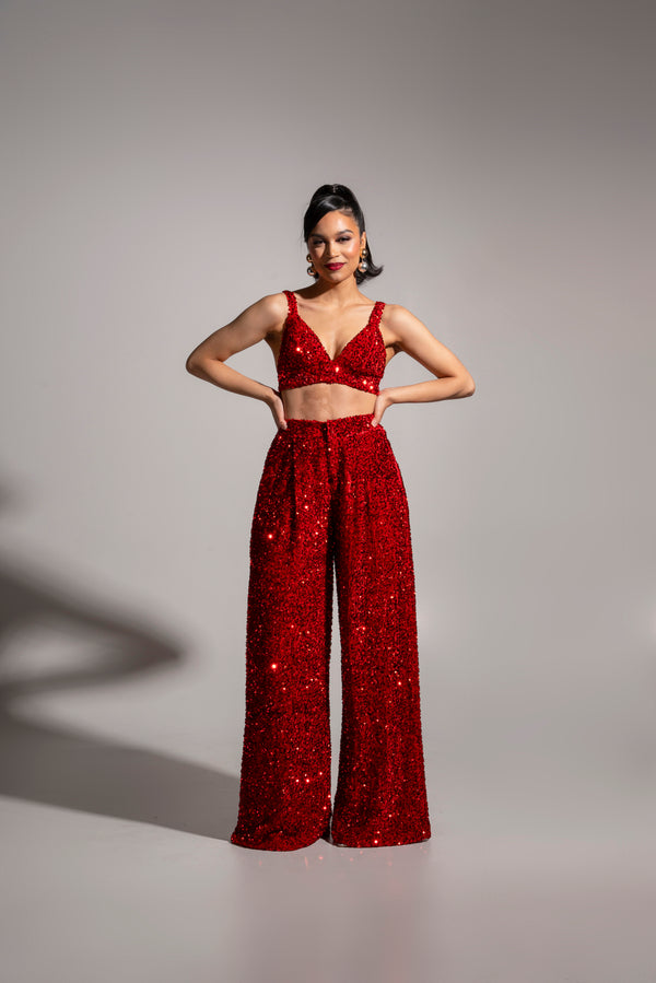 LIZA Sequin Pant Set in RUBY