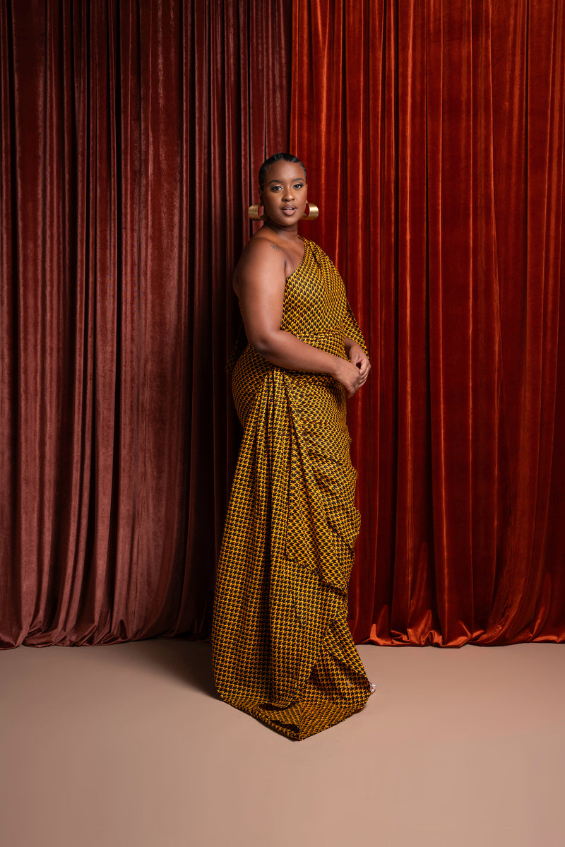 AGBANI African Print One Sleeve Drape Maxi Dress