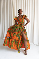 OYIN Smocked Ruffle Sleeve African print maxi dress