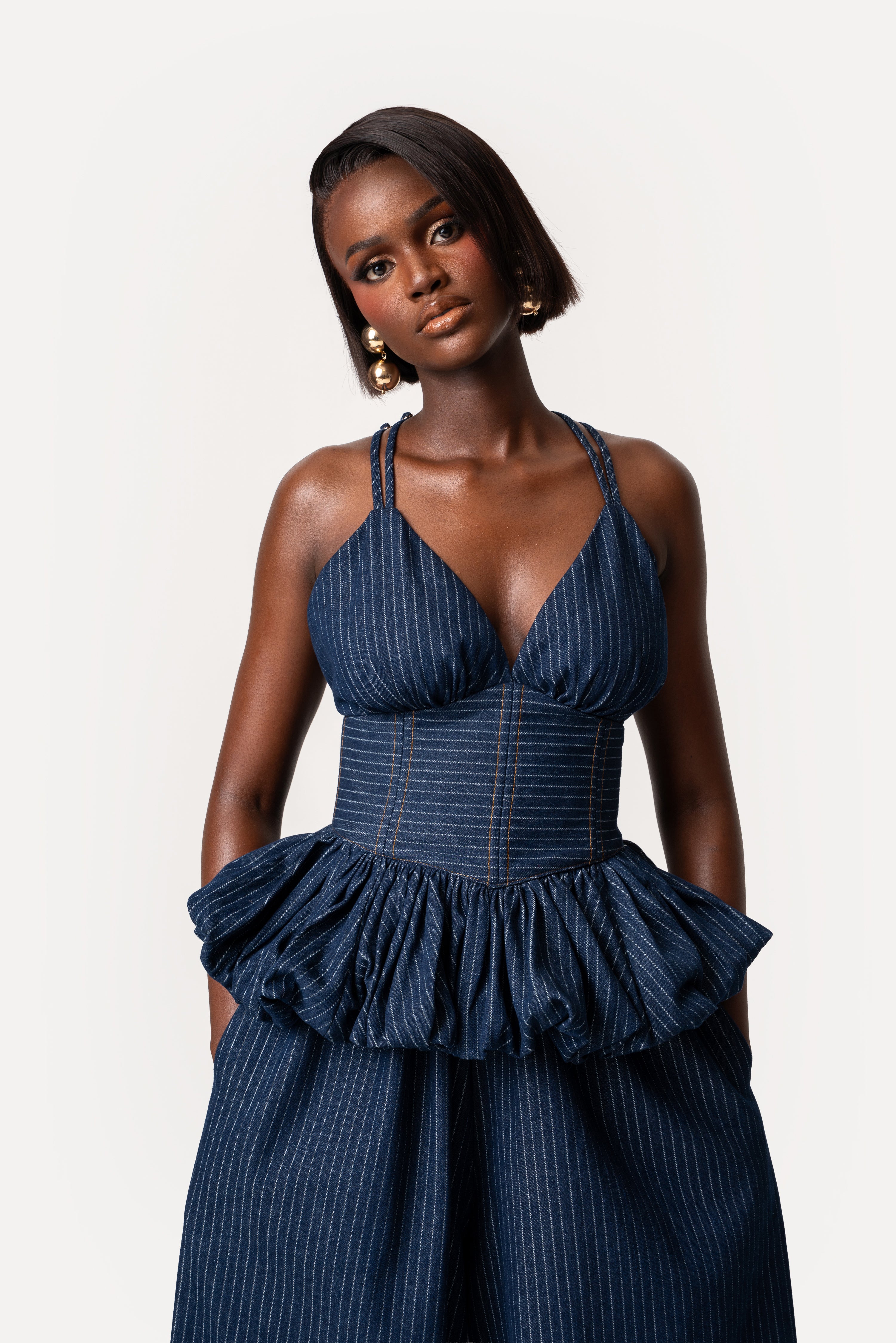 Denim Pinstripe ADELE Peplum Top – OFUURE