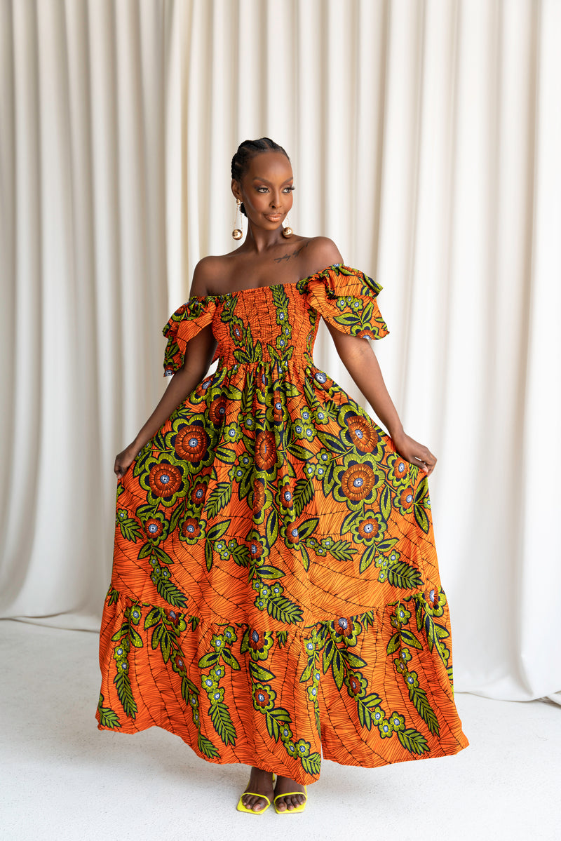 OYIN Smocked Ruffle Sleeve African print maxi dress – OFUURE