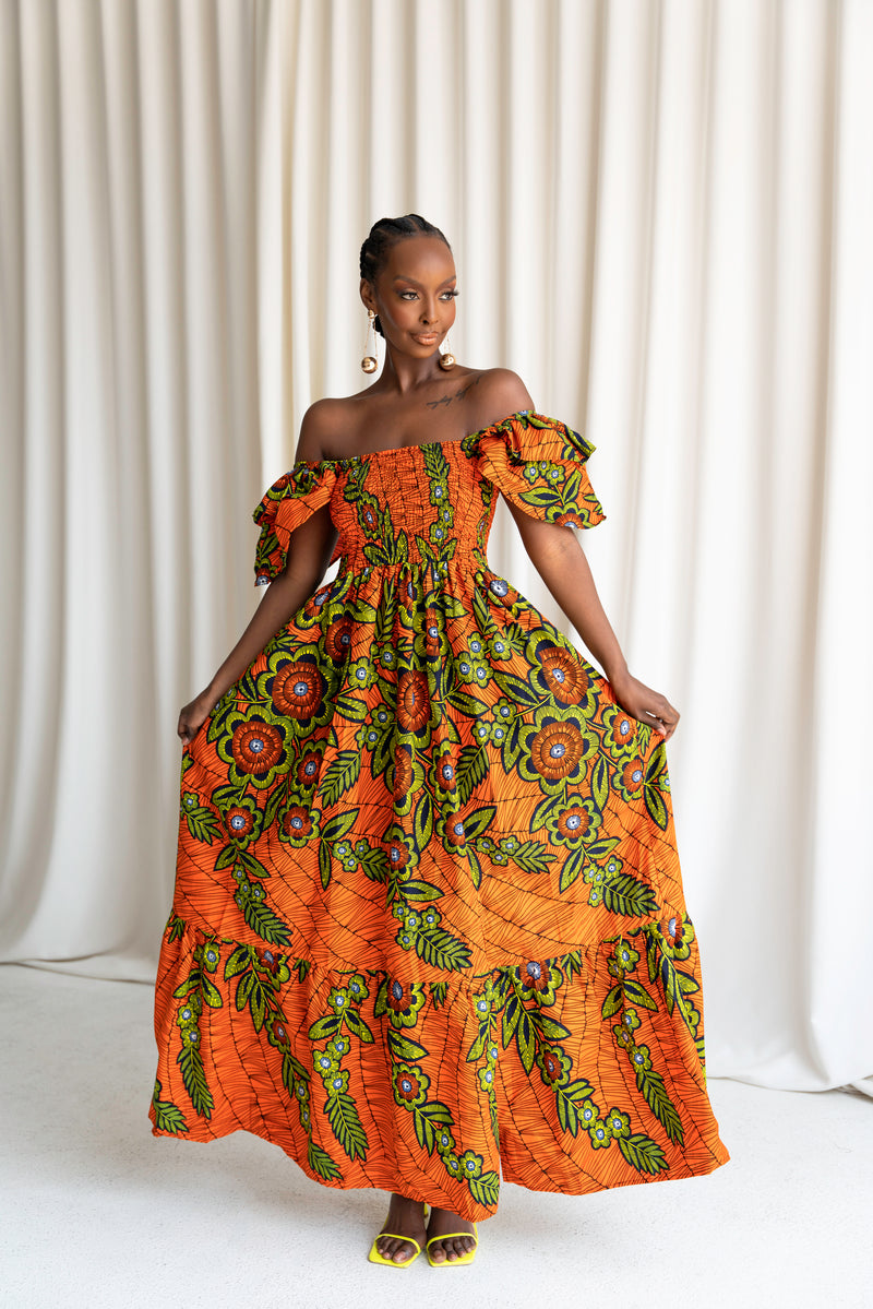 OYIN Smocked Ruffle Sleeve African print maxi dress