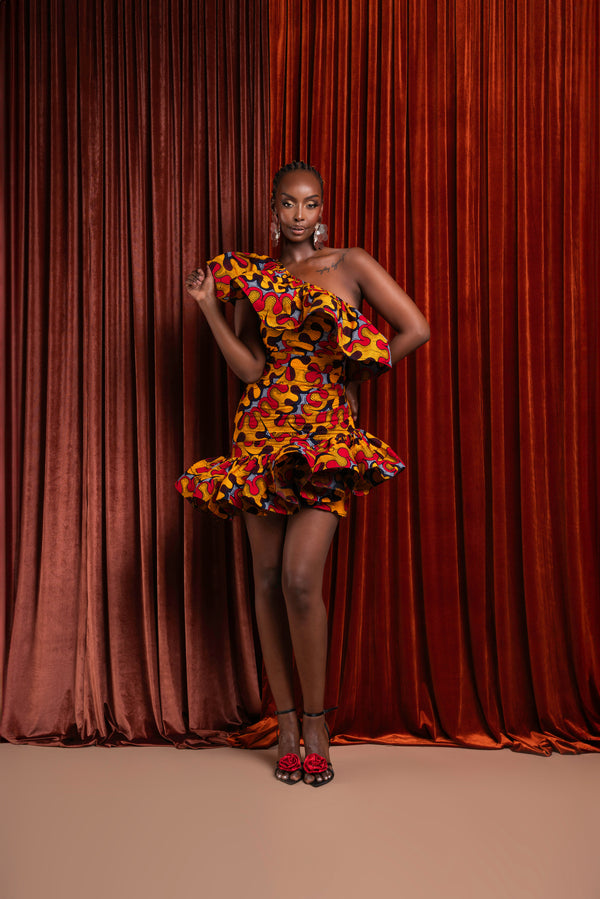 LIRA African Print One Sleeve Ruffle  Mini Dress