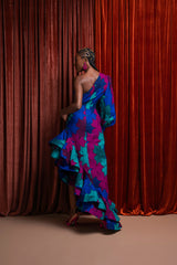 ZURI One-sleeve Ruffle African Print Hi-low Dress