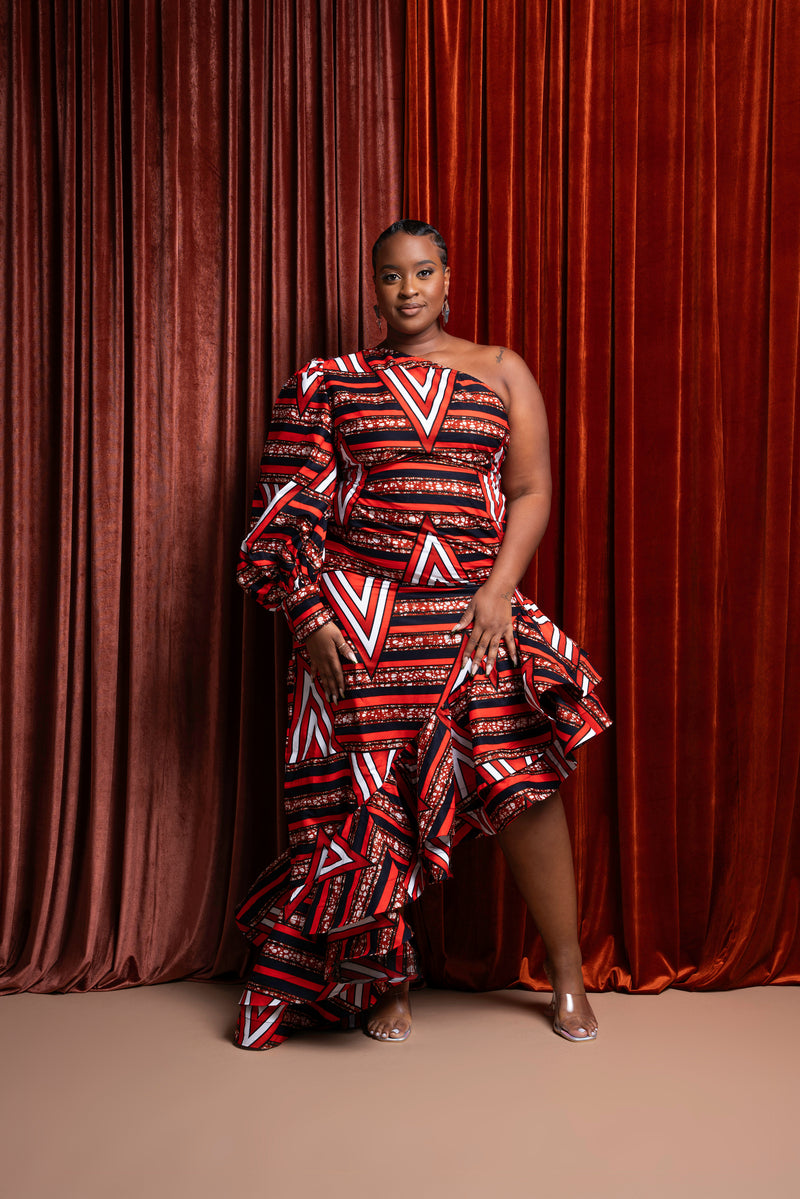 JUNO One-sleeve Ruffle African Print Hi-low Dress