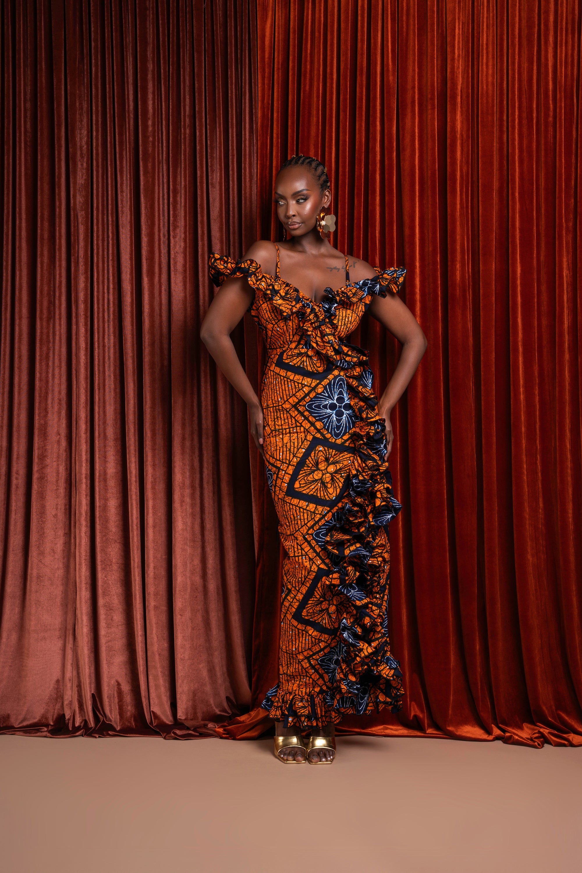 ZEZE Off shoulder Ruffle African Print Maxi Dress OFUURE ZEZE Off shoulder Ruffle African Print Maxi Dress OFUURE