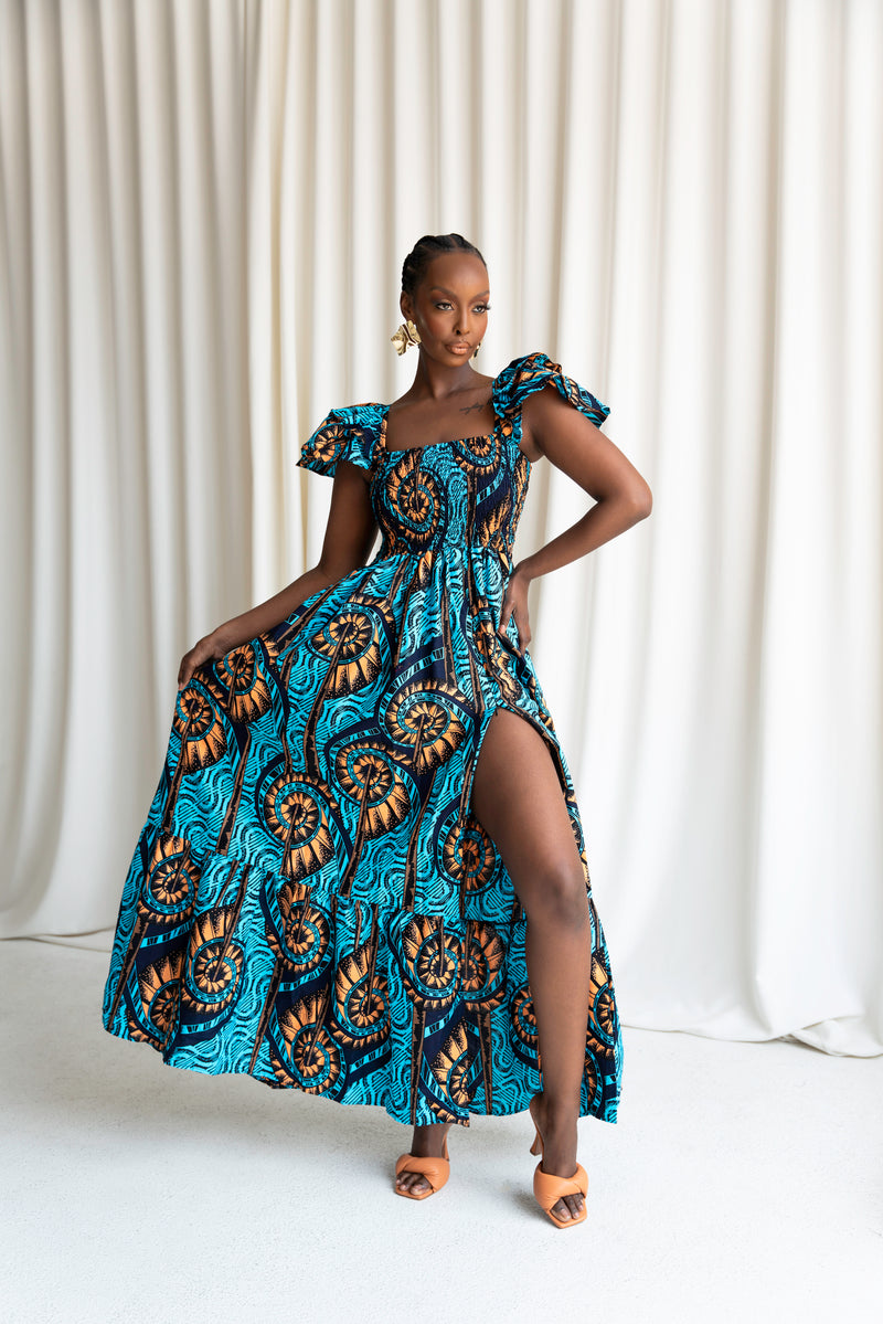 BISI Smocked Ruffle Sleeve African print maxi dress – OFUURE