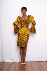 DUMEBI African Print Off-shoulder Puffy Sleeve MiDi Dress-sample sale