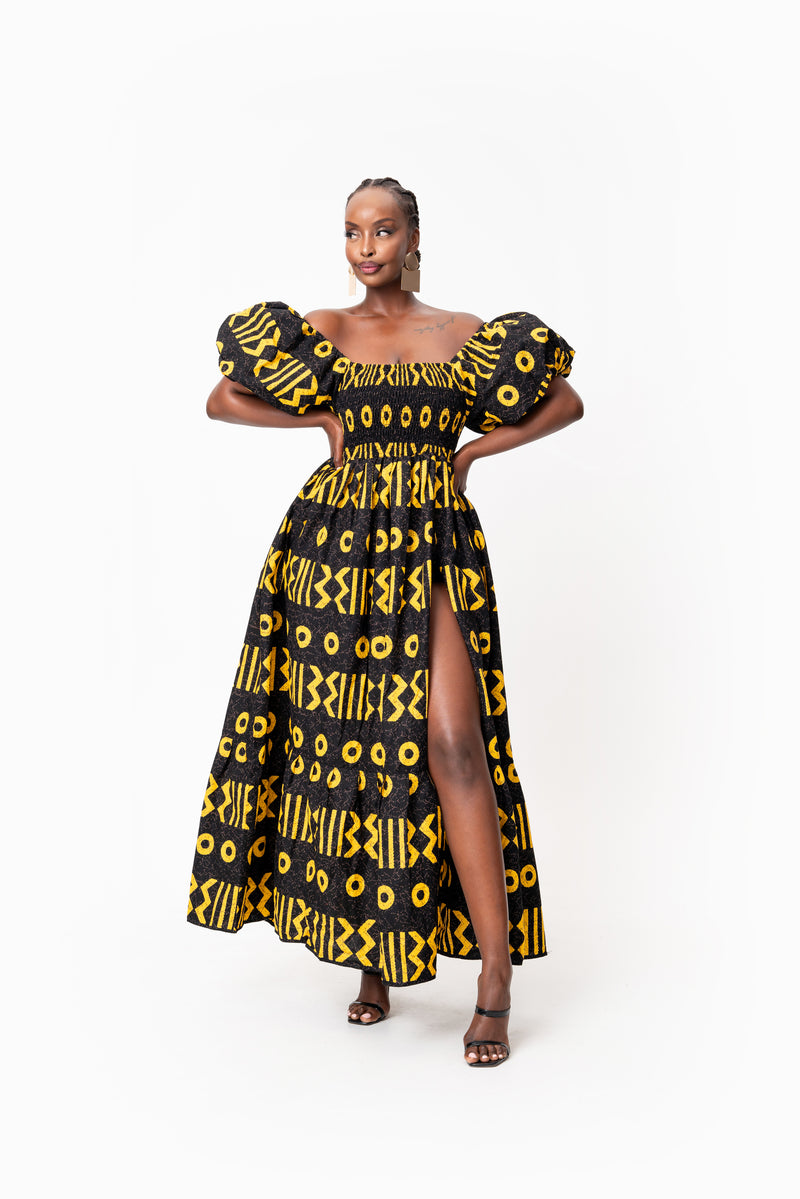 DUMEBI African Print Off-shoulder Puffy Sleeve MiDi Dress-sample sale