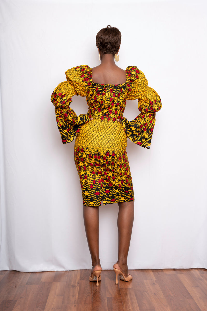 DUMEBI African Print Off-shoulder Puffy Sleeve MiDi Dress-sample sale