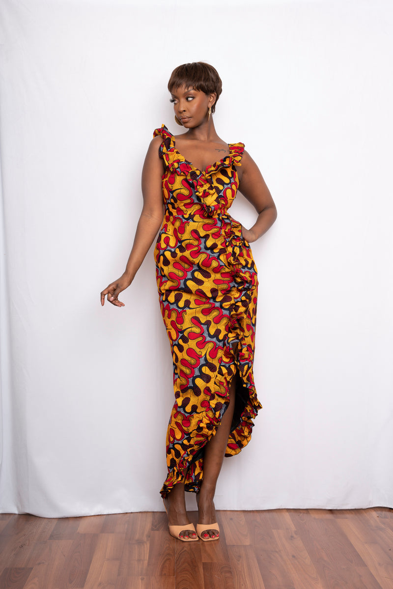 LIRA African Print Ruffle Maxi Dress-sample sale