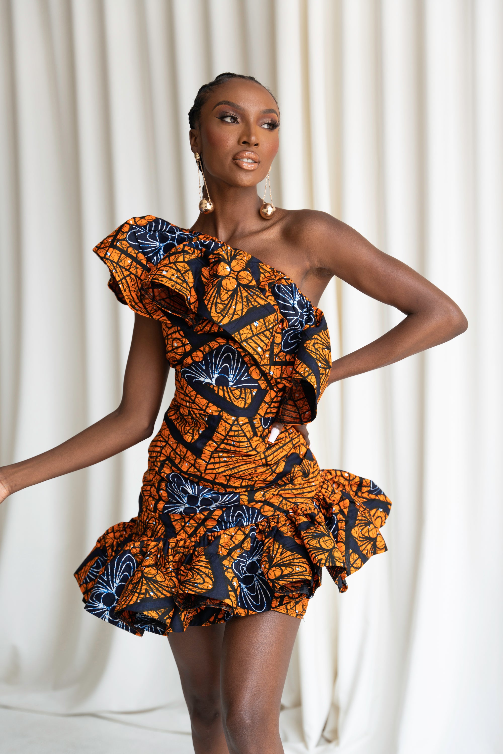 ZEZE African Print One Sleeve Ruffle Mini Dress OFUURE ZEZE African Print One Sleeve Ruffle Mini Dress OFUURE