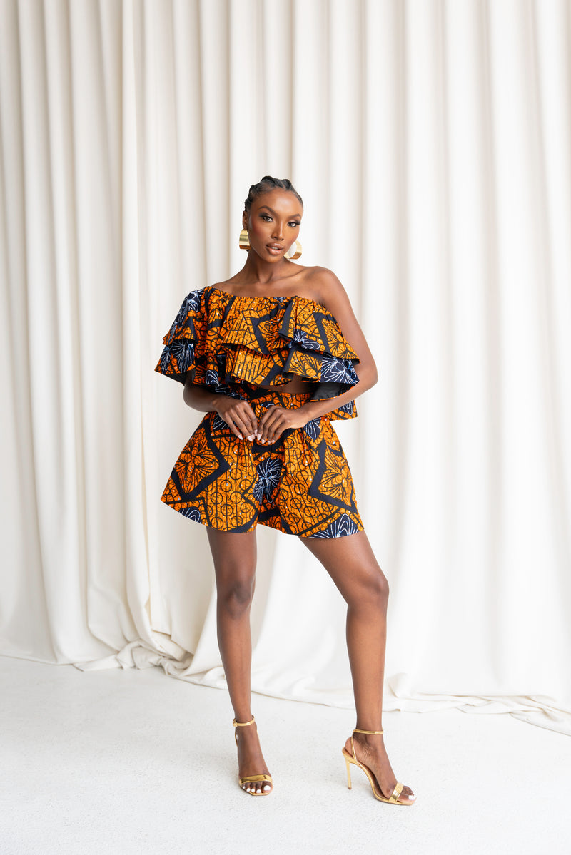 ZEZE African Print Gathered Shorts