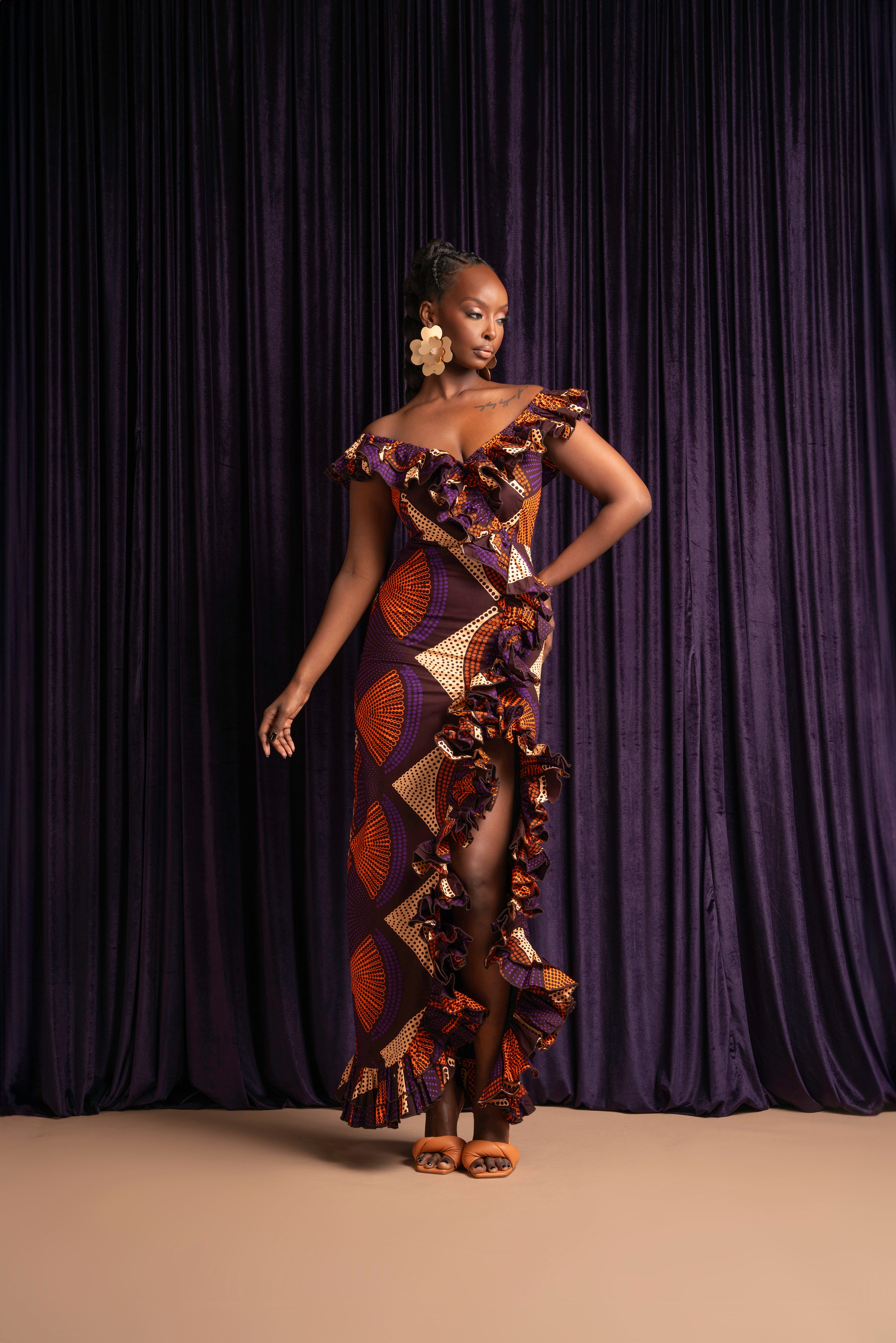 DORA Off shoulder Ruffle African Print Maxi Dress