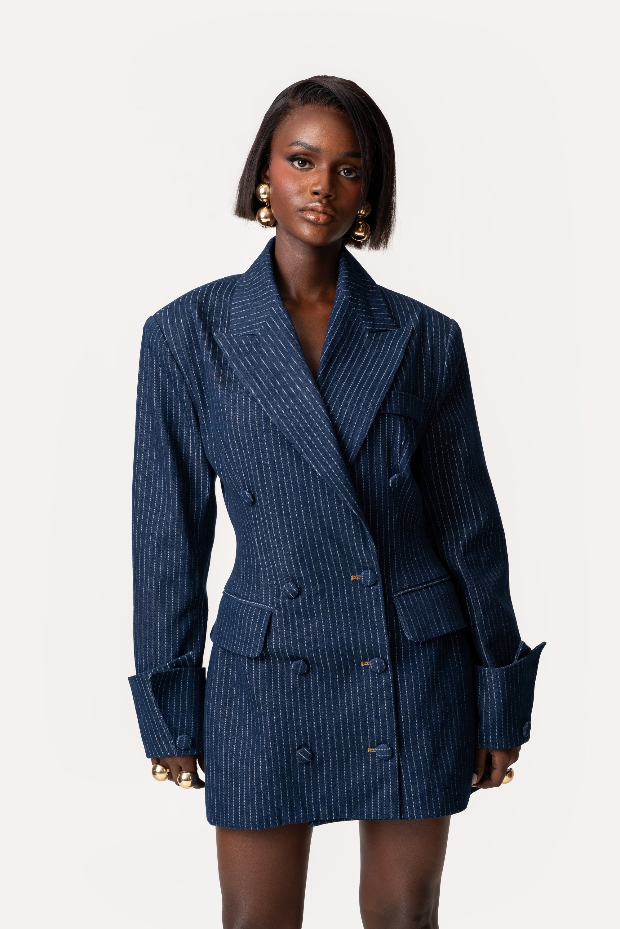 denim blazer dress Denim Pinstripe NYLA Blazer Dress – OFUURE