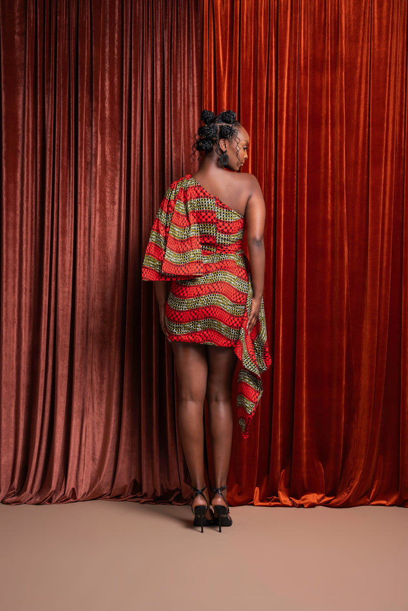 DIDI African Print One Sleeve Drape Mini Dress
