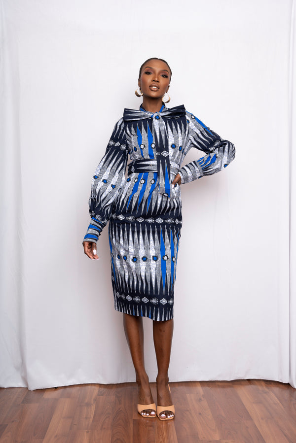 RONKE African Print Midi Dress (pussybow)-sample sale