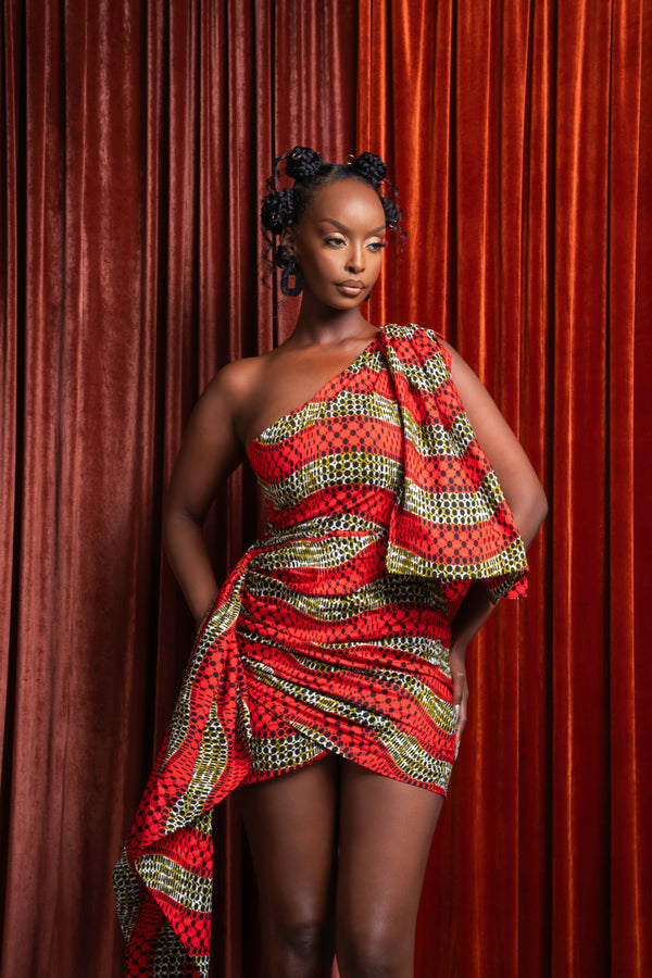 DIDI African Print One Sleeve Drape Mini Dress
