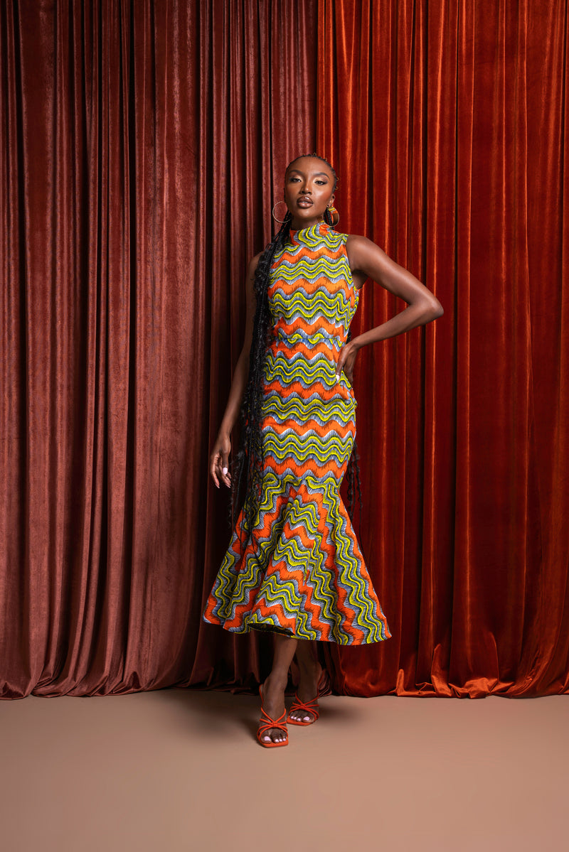 TANI African Print Maxi Mock Neck Dress