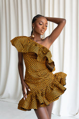 AGBANI African Print One Sleeve Ruffle  Mini Dress