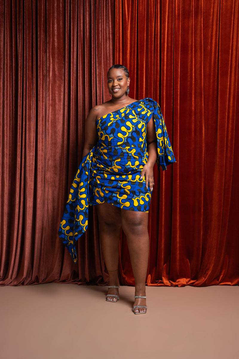 OPE African Print One Sleeve Drape Mini Dress