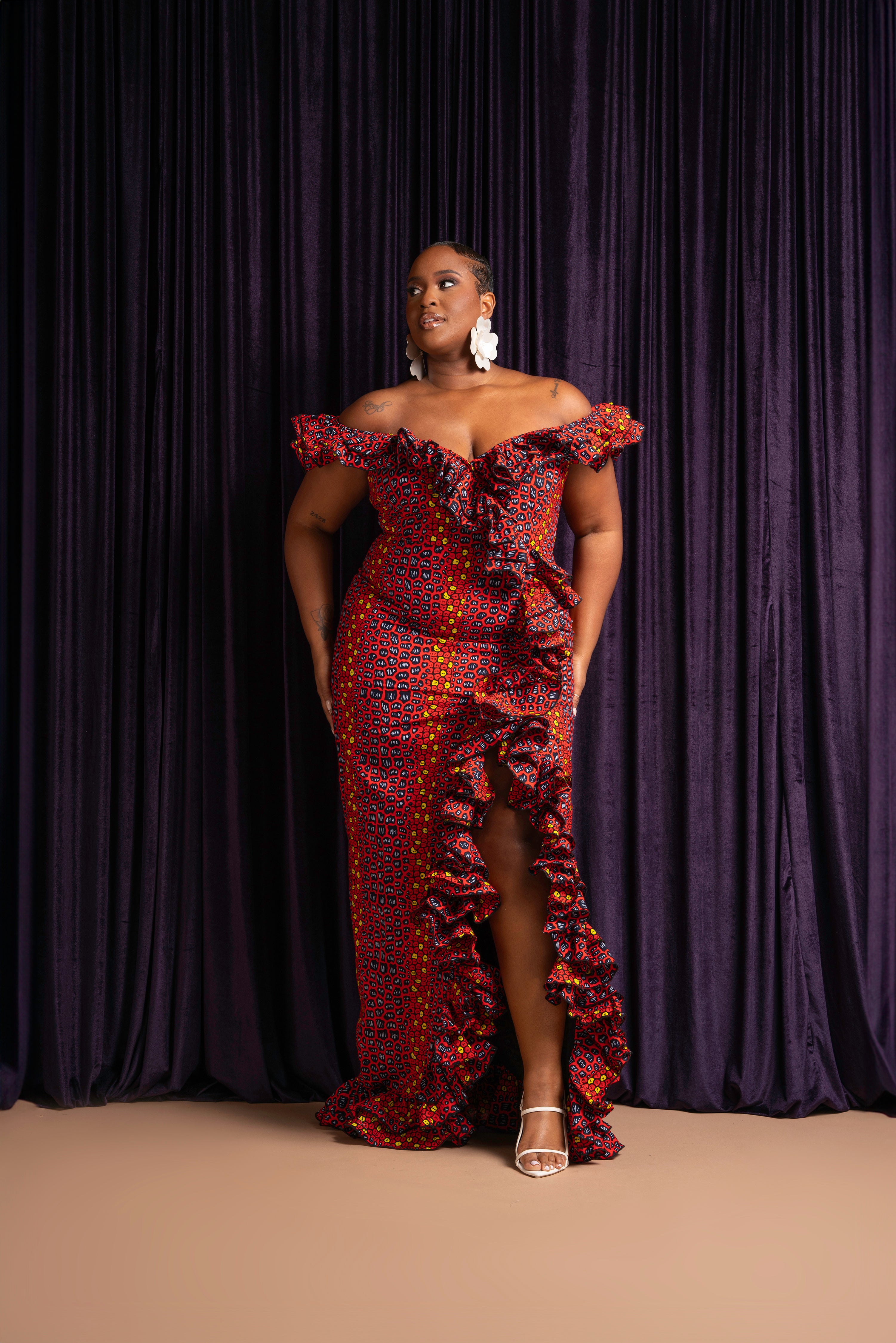 JEMIMA Off shoulder Ruffle African Print Maxi Dress