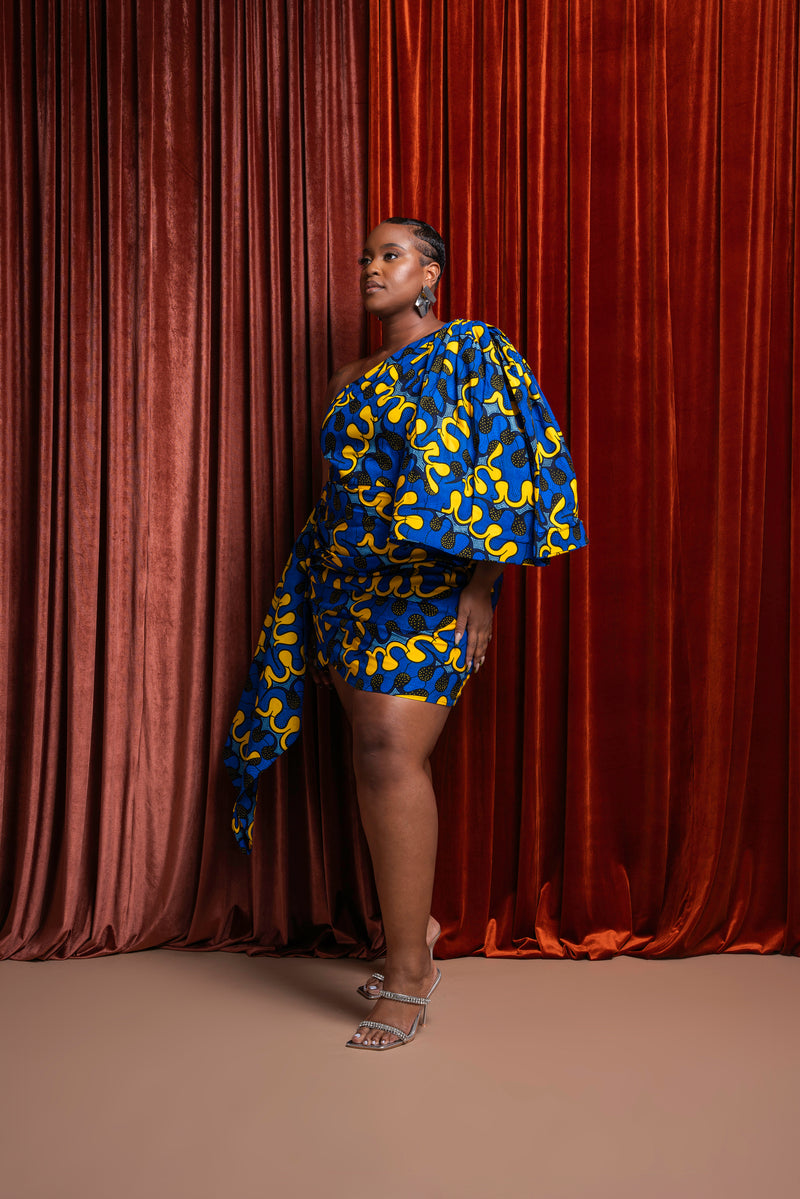 OPE African Print One Sleeve Drape Mini Dress