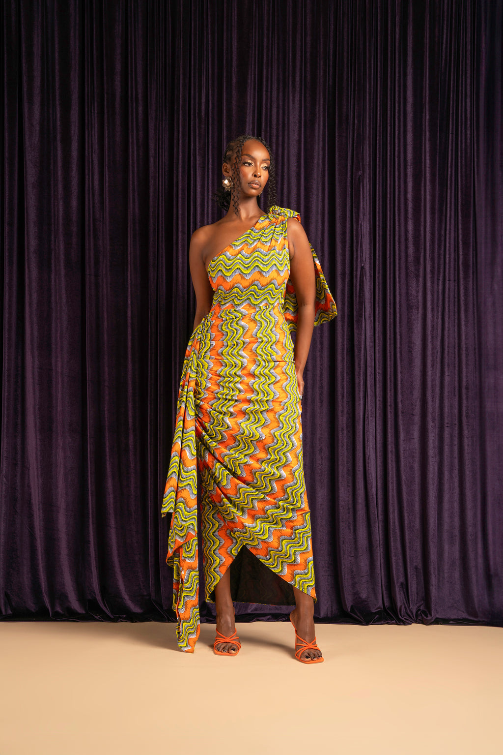 TANI African Print One Sleeve Drape Maxi Dress – OFUURE