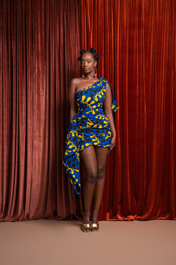 OPE African Print One Sleeve Drape Mini Dress