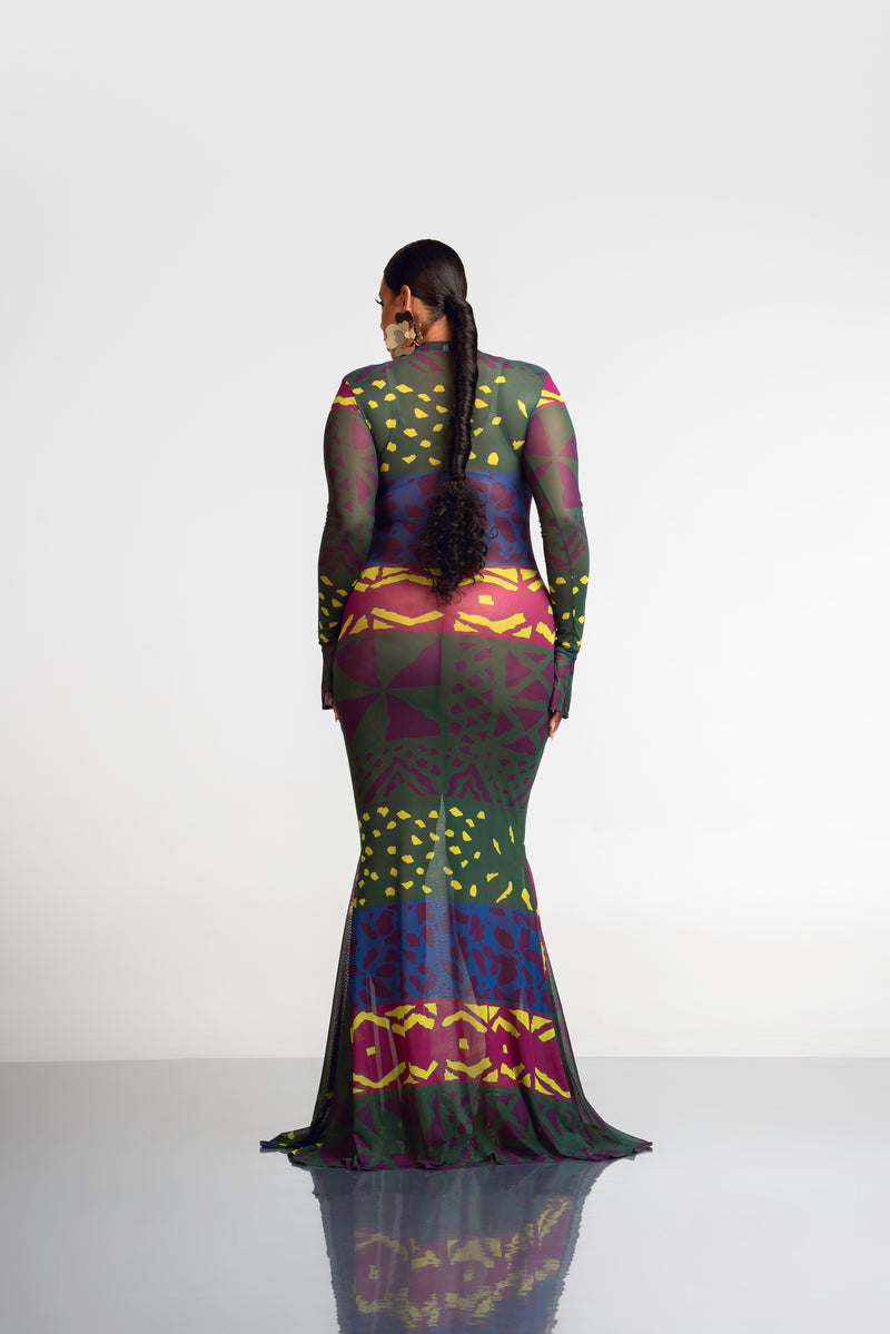 ANU GREEN LONG SLEEVE MAXI MESH DRESS