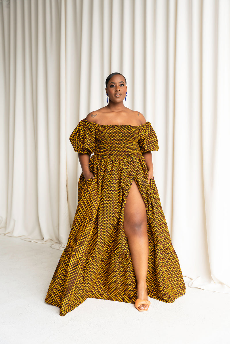 AGBANI Smocked Puffy Sleeve African print maxi dress