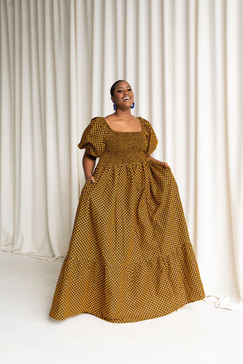 AGBANI Smocked Puffy Sleeve African print maxi dress